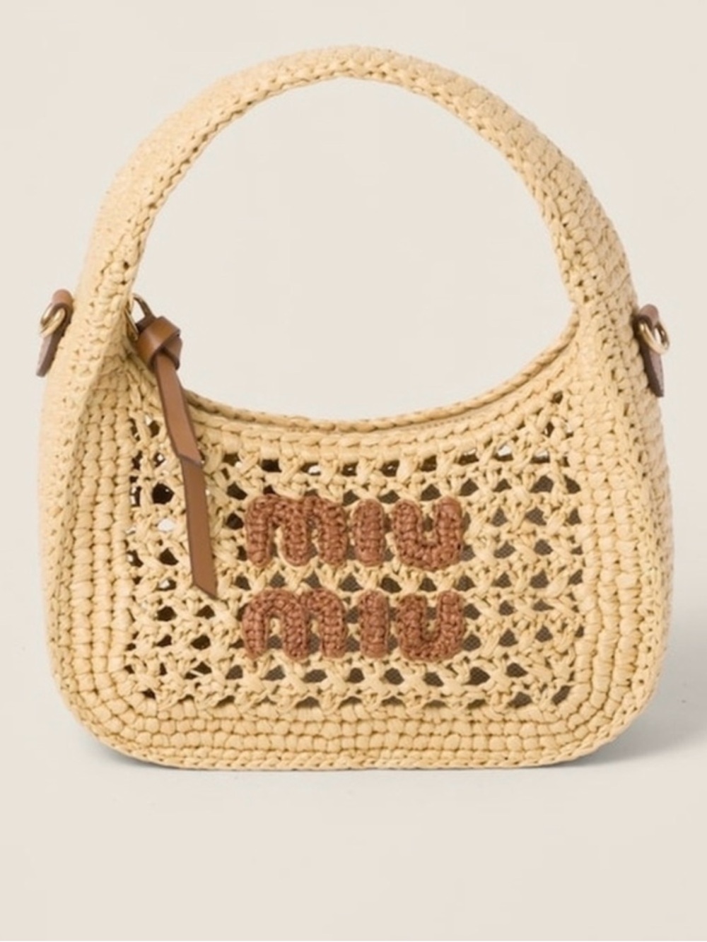 Miu Miu Cream Crochet Shoulder Bag with Brown Logo and Trim